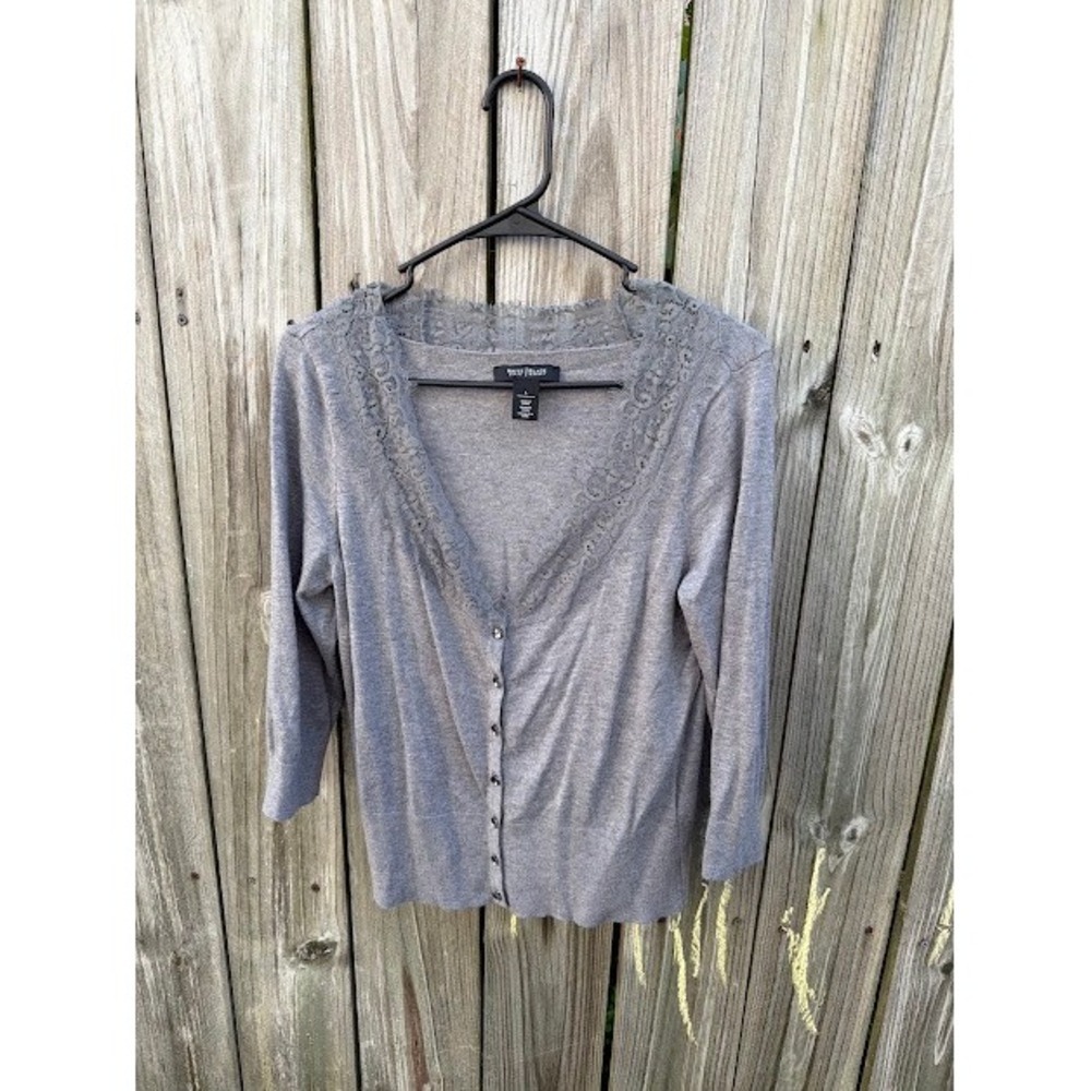 Coquette Balletcore White House Black Market Cardigan L Gray Lace Trim Cashmere
